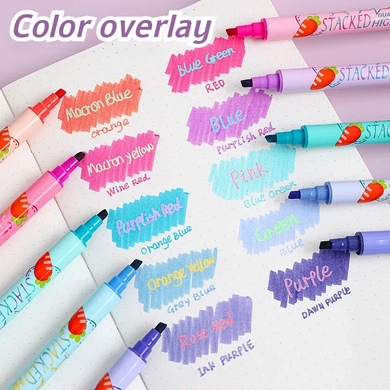 10Pcs/box Color Overlay Double Head Highlighters Student Note Key Content Marker Girls Scrapbook Journal Drawing Pen Stationery