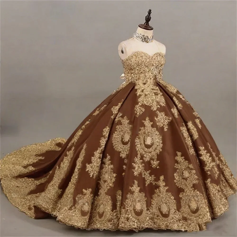 Custom JDY High Neck Lace Beaded Satin Trailing Ball Gown Flower Girl Dress Wedding Party Gown Birthday Pageant Dress فساتي