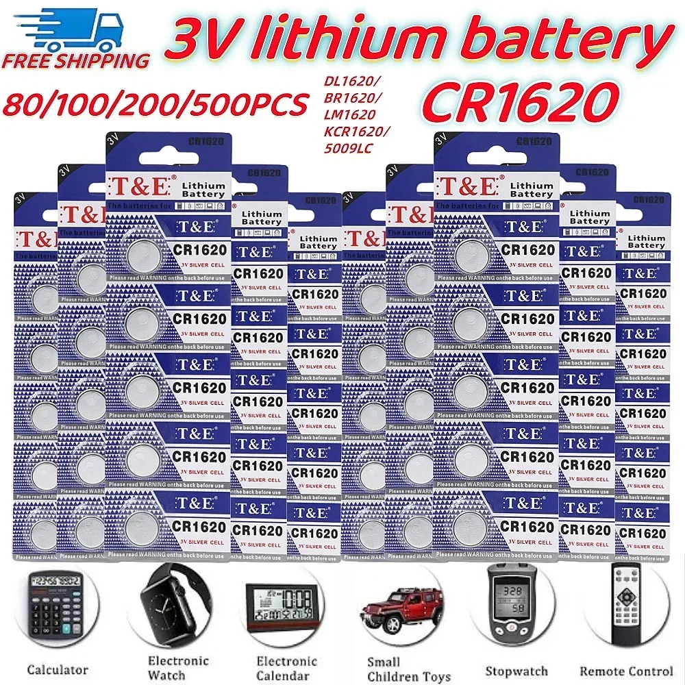 100PCS CR1620 3V Lithium Watch Batteries DL1620 BR1620 ECR1620 5009LC LM1620 CR 1620 KCR1620 30mAh Button BatteryCoin Cell