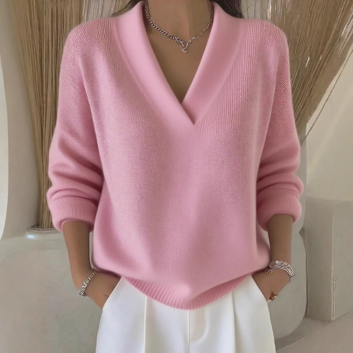 Women's Solid Color V-Neck Ribbed Knit Sweater Long Sleeve Drop Shoulder Loose Fit Casual Autumn Pullover