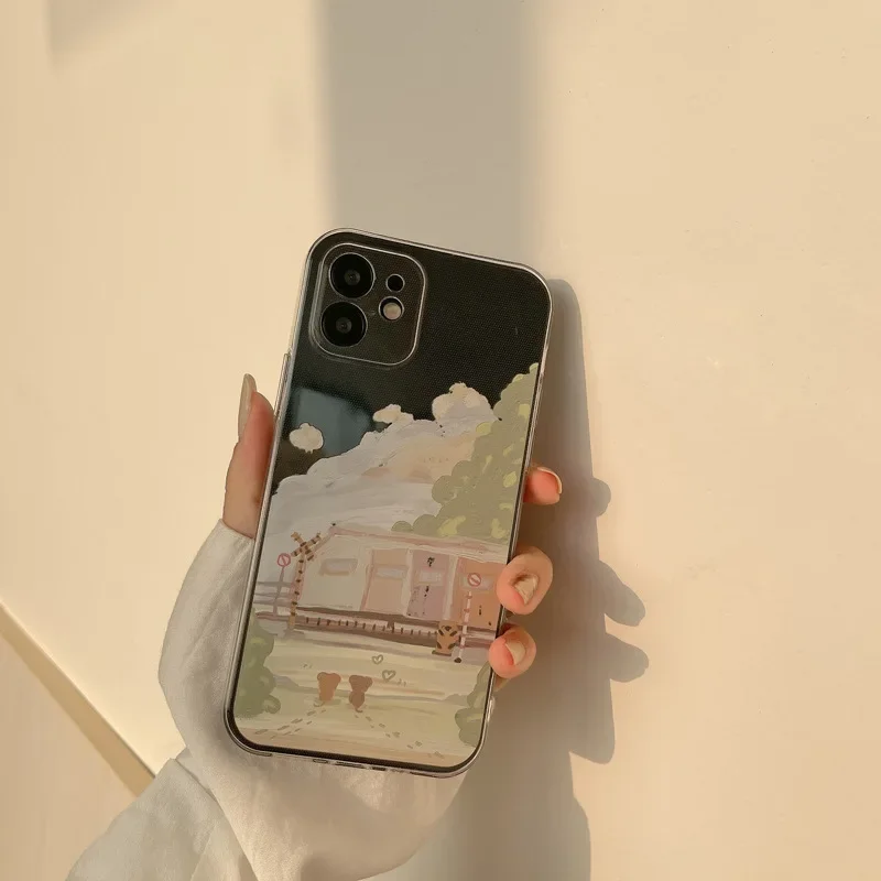 Retro sweet train station painting Japanese Phone Case For iPhone 16 15 14 13 11 12 Pro Max Xr Xs Max 15 14 Plus case Cute Cover