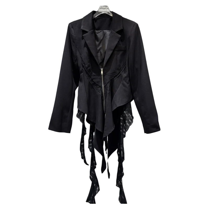 

k Sle ort Suit Jaet Women's Faion Bell Sve Lace Trim Waist Cinched Outerwear Trendy Autumn 2025 Zipper Closure