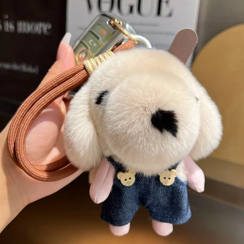 Lindo lontra conejo piel perro coche llavero colgante juguete de peluche muñeca mochila decoración