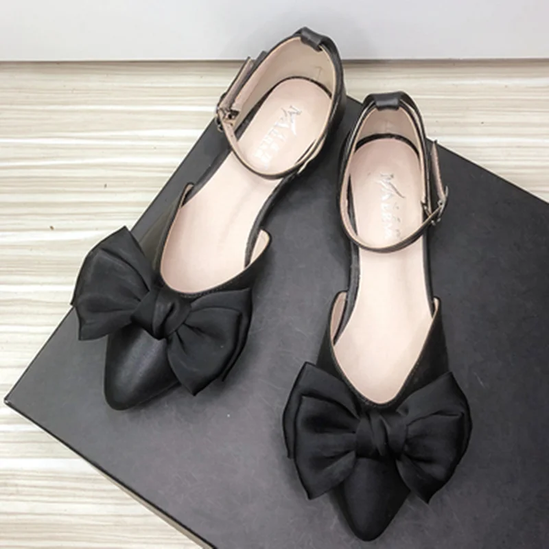 Cinderella Bow-Knot Silk Stain Flat Sandals Cute Small Round Toe Cover Heels Shoes Black Beige Red Narrow Feet Tacons 32-44 27cm