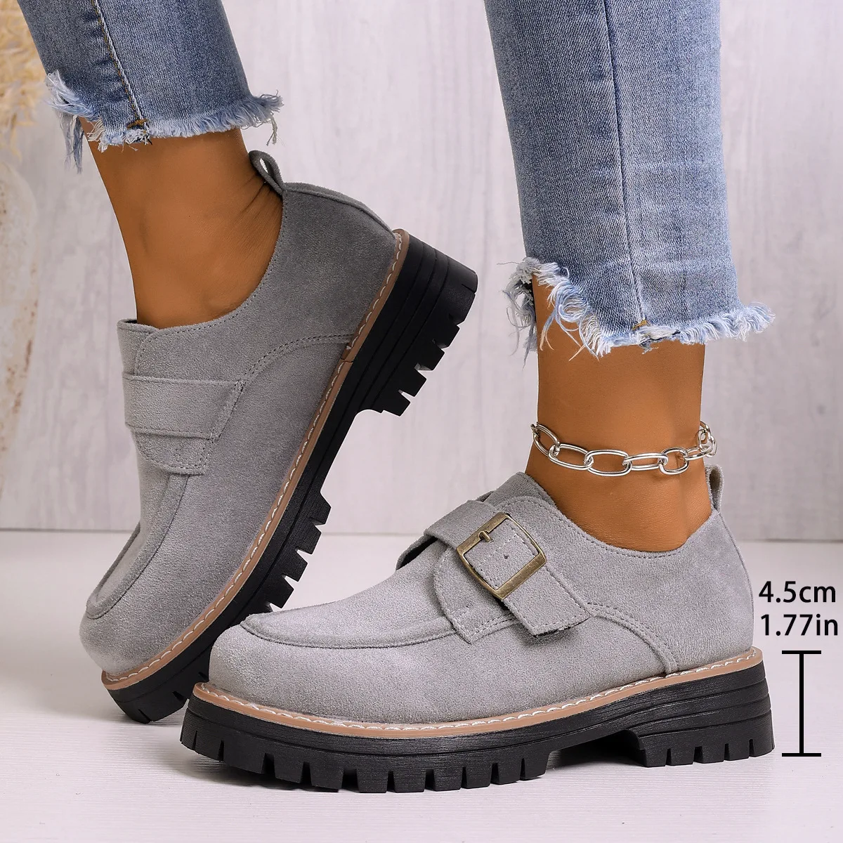 HKDQ Women's Platform Loafers Round Toe Low Heel Suede-Look Texture Buckle Strap Slip-On Lug Sole Casual Streetwear Footwear