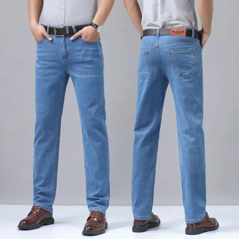 

Summer Thin Men's Elastic Cotton Jeans Fashion Sky Blue Comfortable Business Straight Casual Pants Brand Male Clothes Trousers