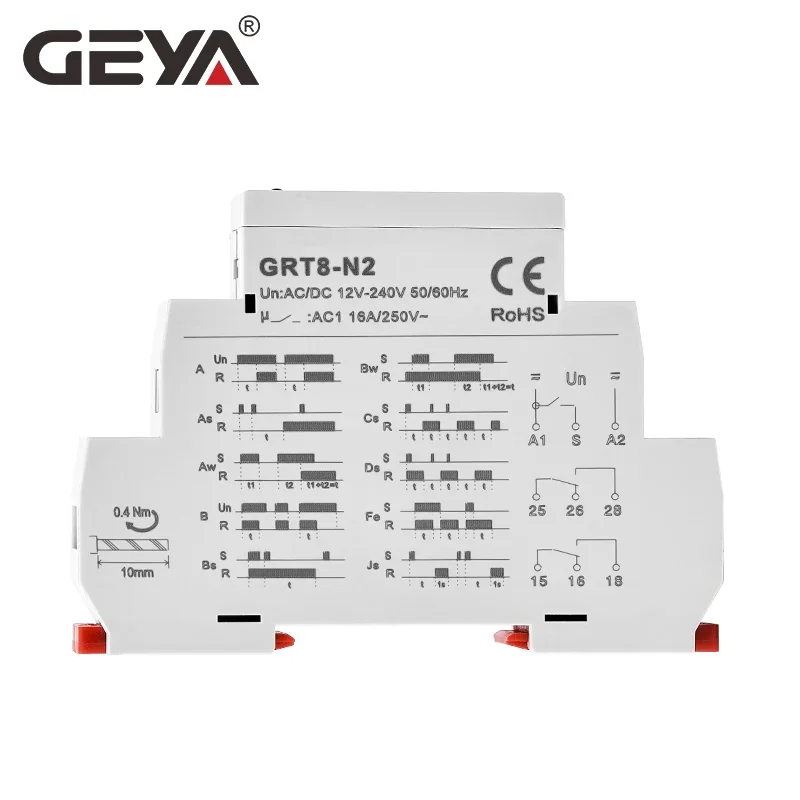 

GEYA Extended Multifunction Time Relay (Timer Delay) - 10 Functions, AC DC 12V/24V/220V/230V, 16A