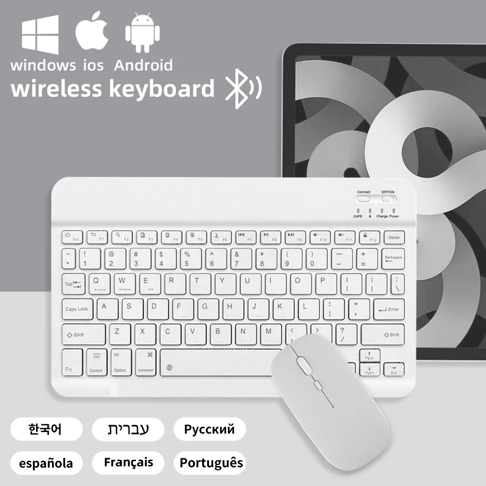 

Новинка для Android Ios Windows Bluetooth Беспроводная клавиатура Белая удлиненная клавиатура и мышь для планшета в режиме ожидания с переключателем одним щелчком мыши