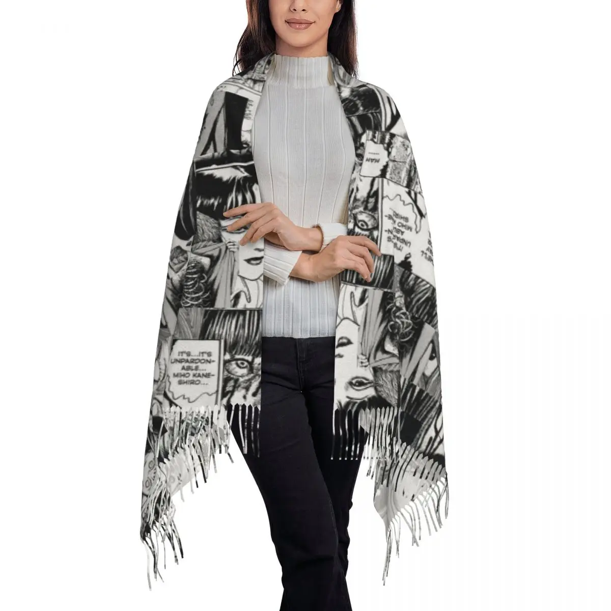 Junji Ito Japanese Anime Scarf Tassel Scarves Women Soft Warm Shawls and Wraps Long Fall Winter Shawl Wrap