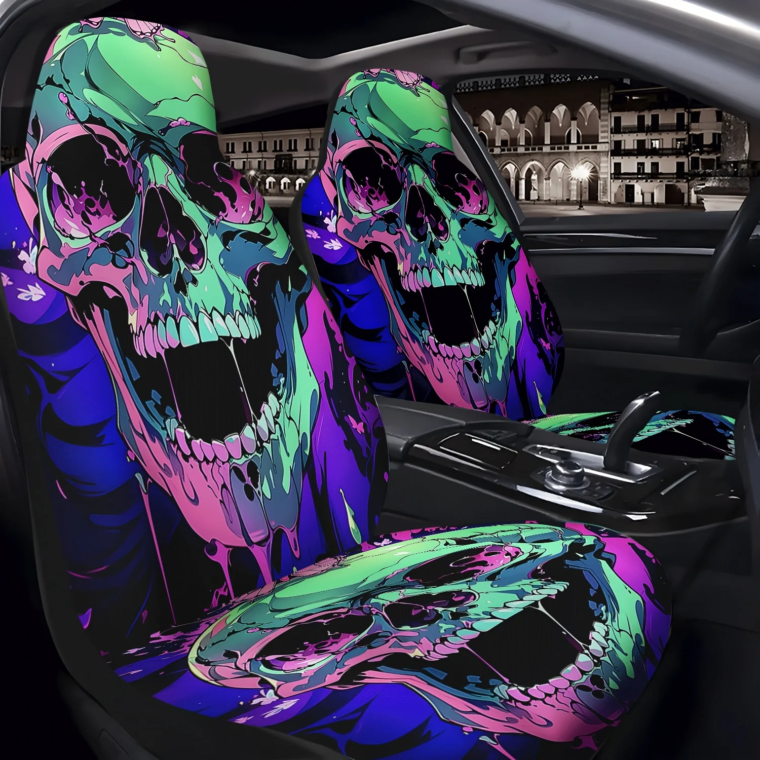 Two Colorful Skull Pattern Car Seat Covers, Cute Interior Seat Additions For Front Seat Protection, Suitable For Cars, Trucks, V