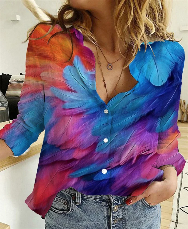 Women Linen Shirt Feather Women's Casual Shirts 3D Printed Button-down Shirt Casual Unique Streewear 7 Style