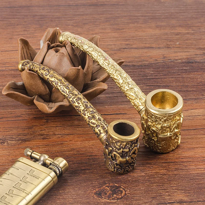 Vintage Brass Tobacco Pipe with Hand-engraved Horse and Compact Design