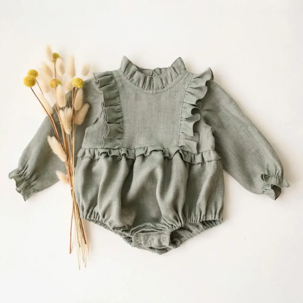 Spring Autumn Baby Girl Bodysuits Linen Cotton Green Newborn Baby Girl Clothing