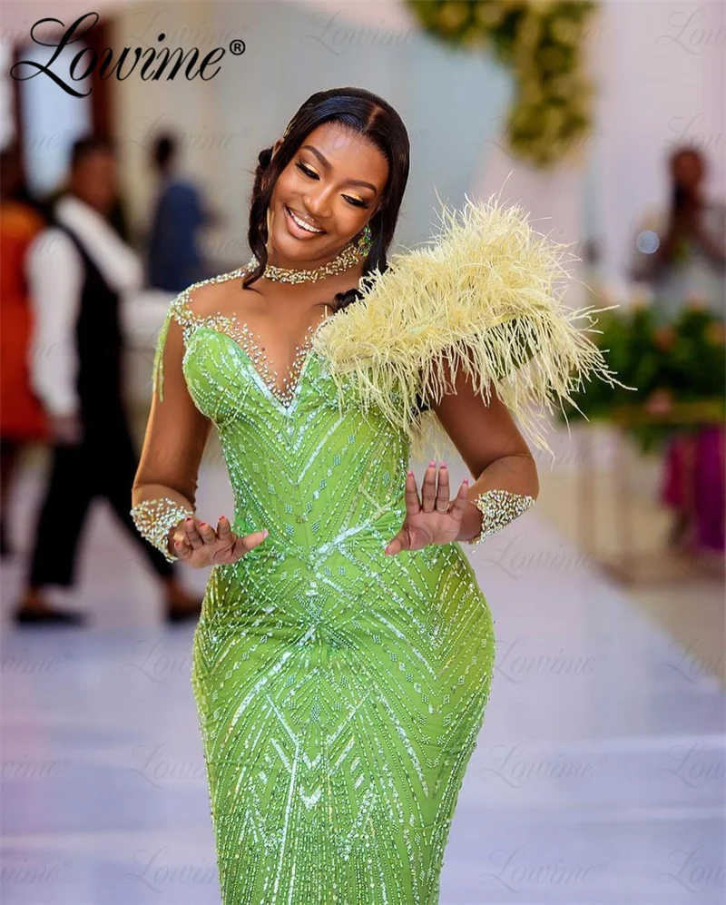 2024 Feathers Arabic African Green Formal Occasion Dresses Robe De Soiree Customize Elegant Women Prom Dress Mermaid Party Gowns