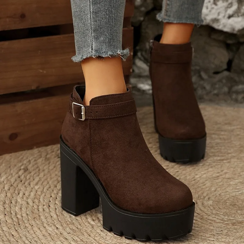 

Soft Leather Fashion Women Comfortable Round Toe High Heel Booties Winter New Platform Block Folkup Boots
