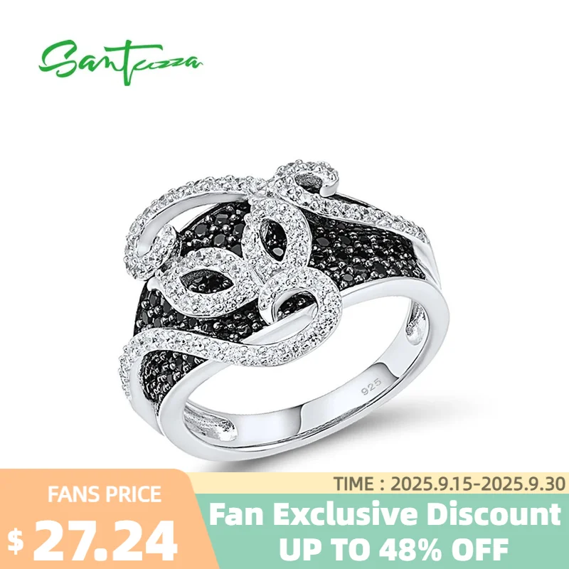 

SANTUZZA Authentic 925 Sterling Silver Rings For Women Sparkling Black Spinel White Cubic Zirconia Concise Modern Fine Jewelry