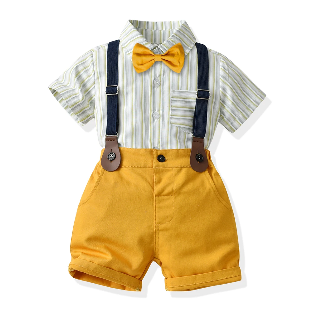 

Summer New Toddler Baby Boys Clothing Sets Gentleman Style Short Sleeve Striped Shirts with Bowtie+Suspenders Shorts Suits