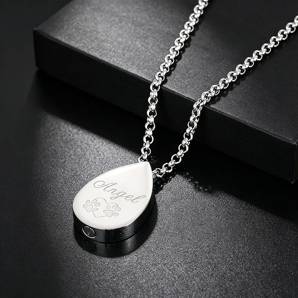 Metal Teardrop-shaped Necklace Pendant Stainless Steel Pets Hair Save Souvenirs Charms Engraving Pattern Design Fashion Jewelry