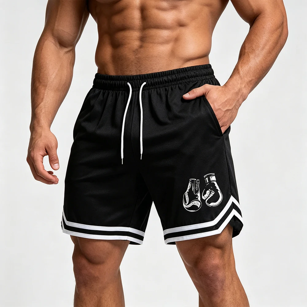 

Streetwear Men’s Quick-Dry Colorblock Basketball Shorts Elastic Drawstring Waist Boxing Gloves Print Striped Hem Sports Shorts