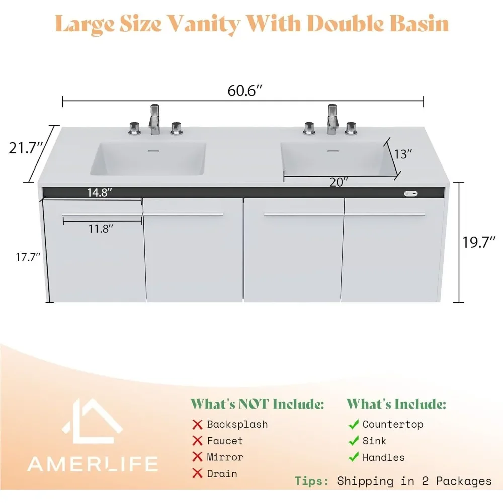 60 "LED العائمة الحمام مزدوجة الغرور مع بالوعة كومبو الحديثة عالية اللمعان الحائط خزانة الحمام مع 3 حفرة بالوعة