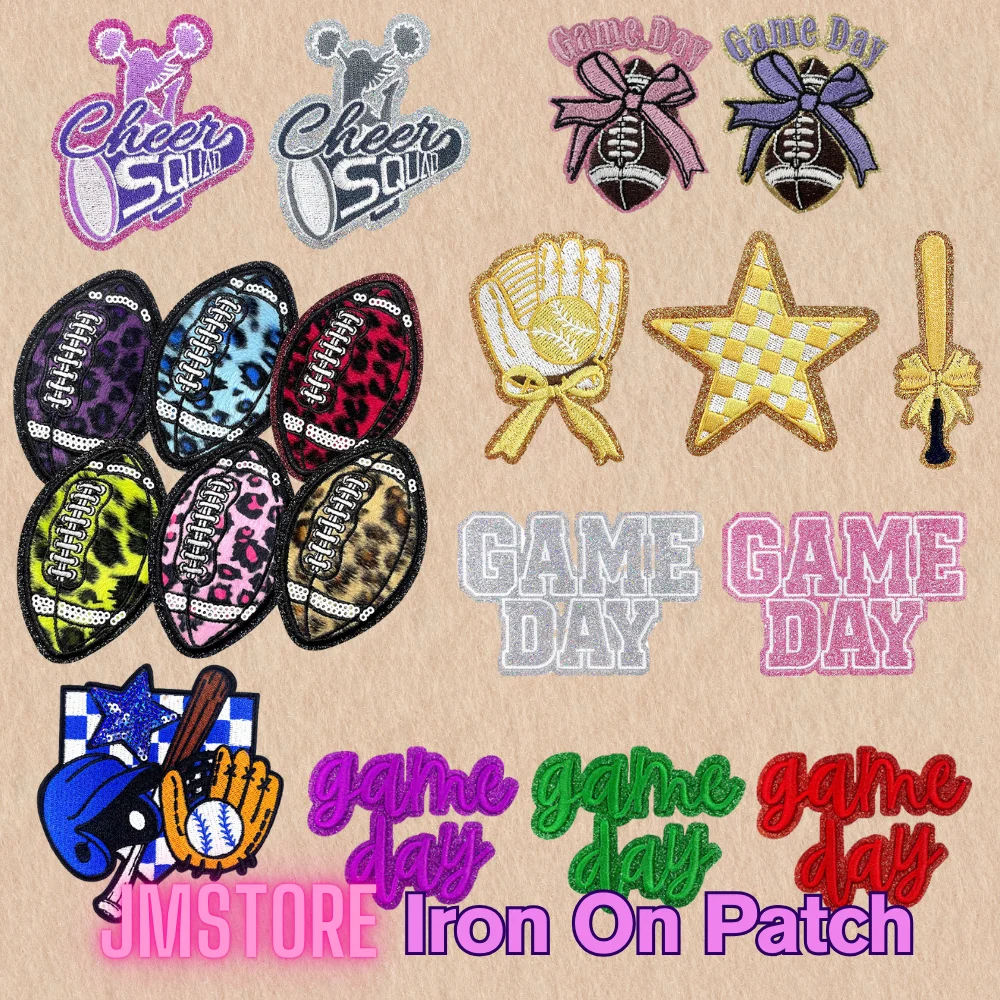 5pcs Sequin Border Baseball Football Game Day Sport Iron on Small Thermoadhesive Embroidery Patches Applique for Hoodies Hats