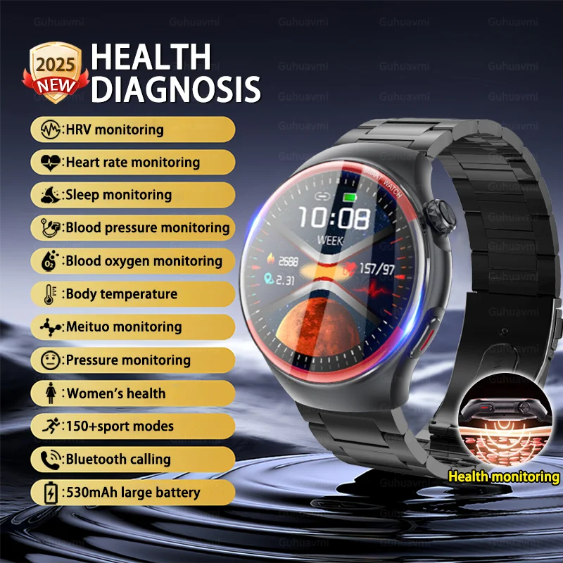 

Новинка 2025 года, HRV, диагностика артериального давления, кислорода в крови, умные часы, монитор сердечного ритма и температуры, Bluetooth-вызов, мужские умные часы