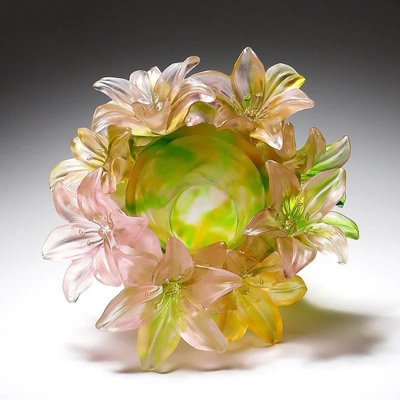 Light Luxury Real Crystal 3D Colored Glaze Lilies Vase Super Beautiful Lily Flowers Home Decor Living Room Table Glass Artworks