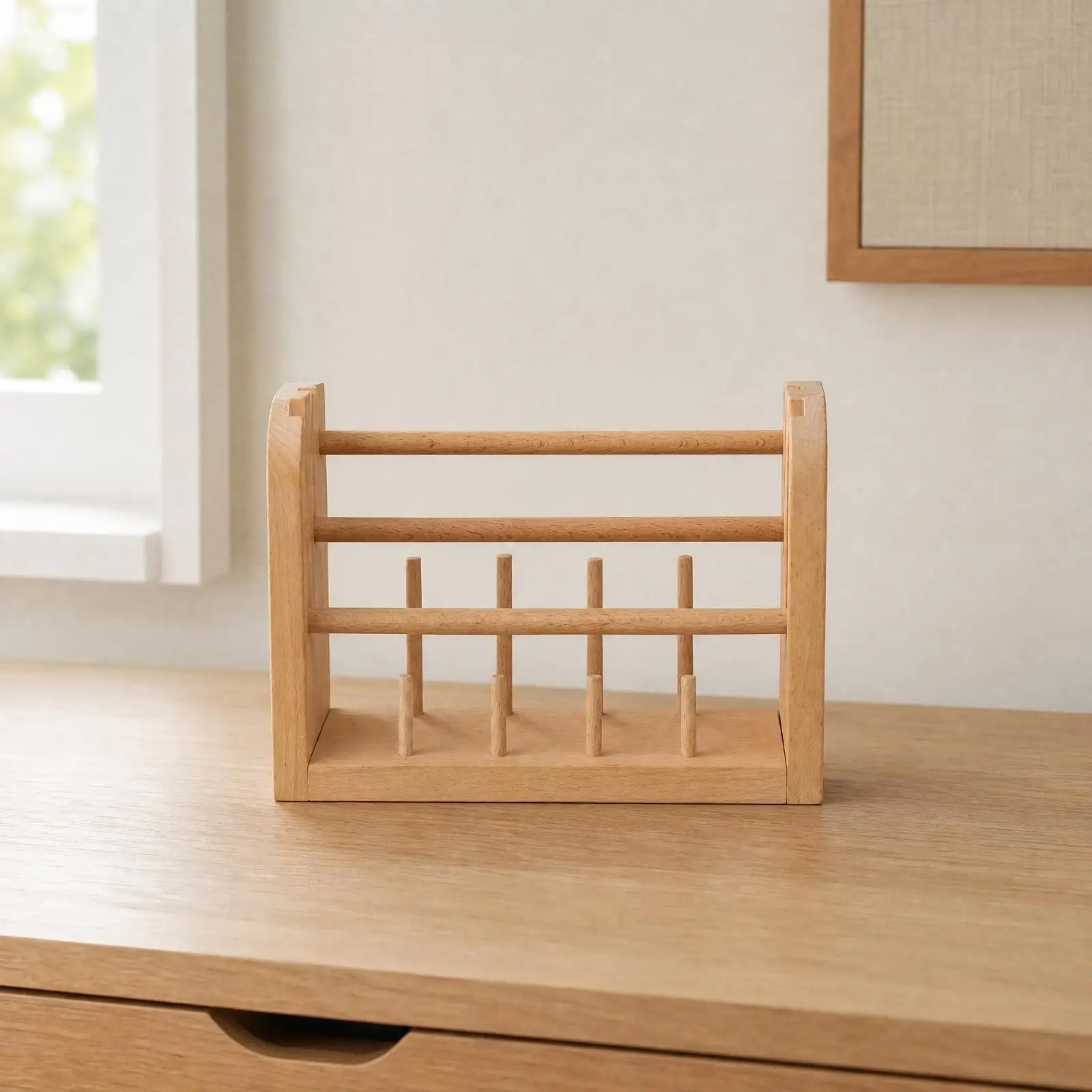Compact Beech Wood Thread Rack Organizer for Sewing Yarn Spool Embroidery Craft Tabletop Storage Holder