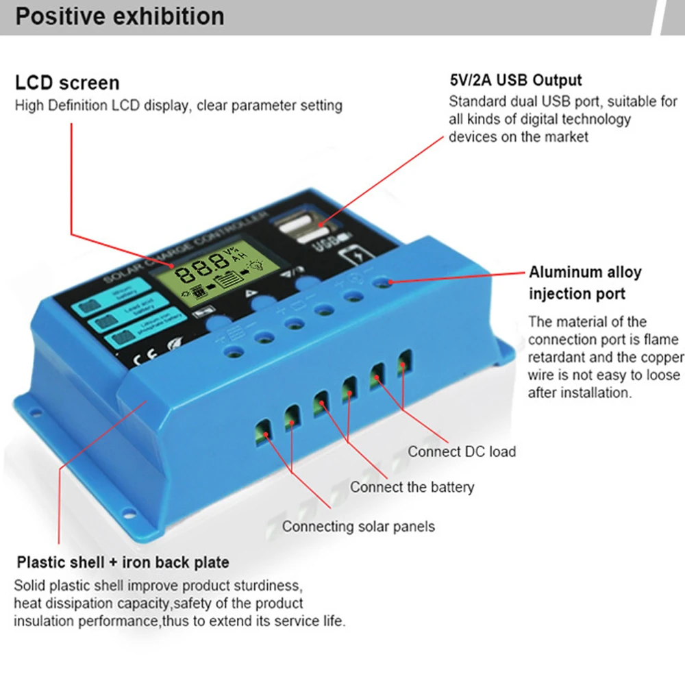 

Solar Panel Controller Battery Charge Regulator 2USB 12V/24V 10A/20A/30A LCD Display PWM Photovoltaic Street Lamp Control System