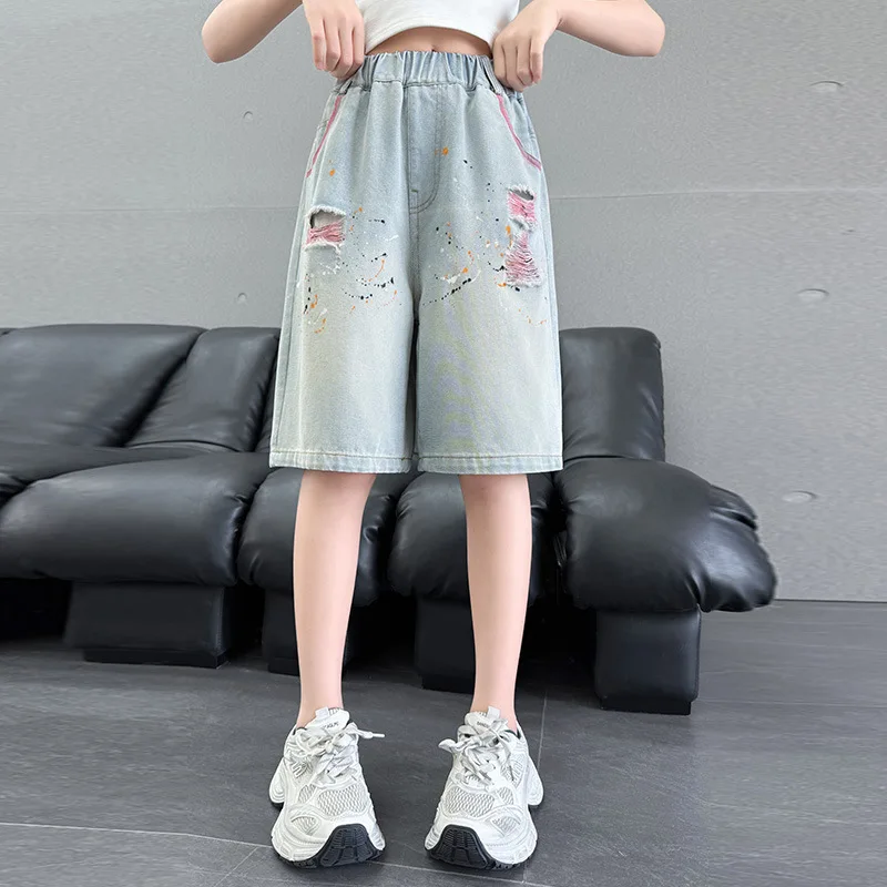 Kids Child Summer y2k Knee Length Ripped Denim Shorts with Drawing Girl Harajuku Vintage Pocket Capris Shorts Hip Hop Pants Hole