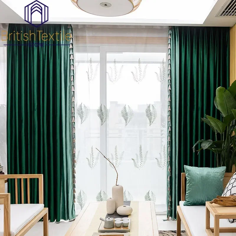 Modern Curtains for Living Room Bedroom Dark Green Simple Stage Meeting Room Italian Velvet Hanging Tassel Curtain Customization