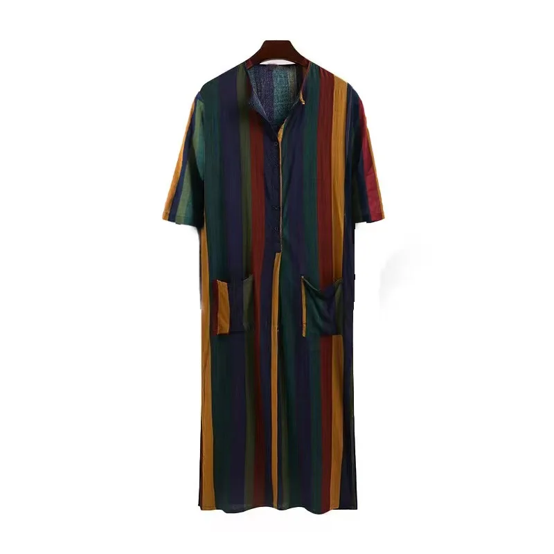 Muslim Southeast Asia New Men's Loose Striped Stand-Up Collar Door Tube Short Sleeve Robe Ethnic Style Middle East Robe