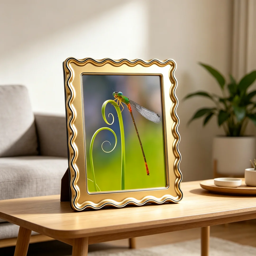 Curved Wavy Edge Gold Color Picture Frame Retro Ripple Decorative Photo Frame Tabletop Display Frame for Family Photo Home Decor