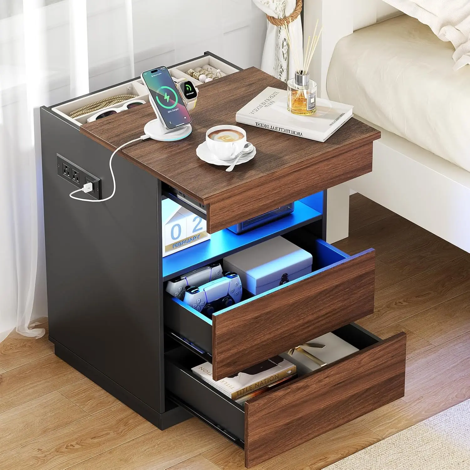 Locking Nightstand Hidden Compartment USB Type-C LED Bedside Bedroom Rustic Brown Customized