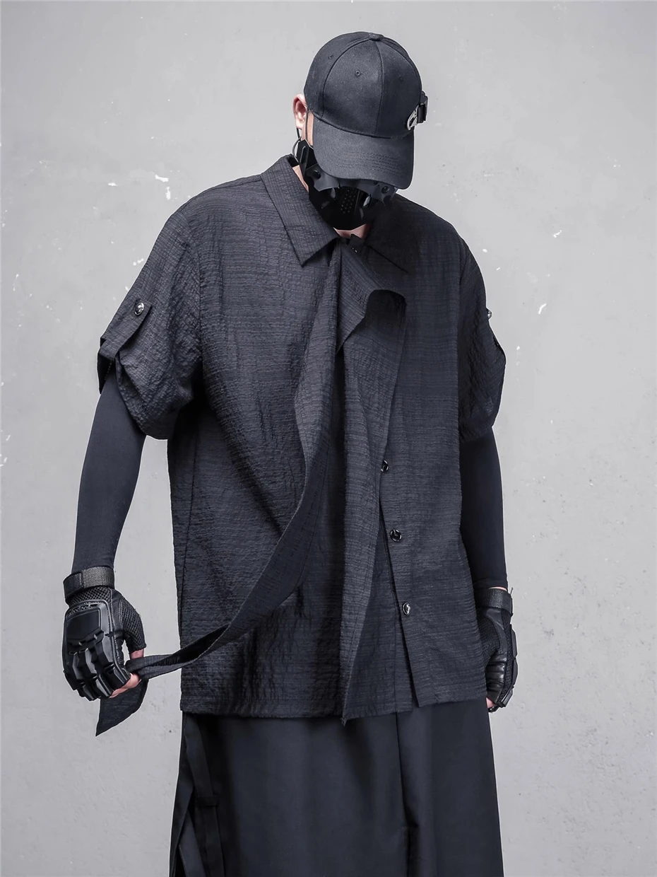 Irregular Ribbon Design Shirt Men Streetwear Hip Hop Punk Thin Short Sleeve Shirt Oversized Harajuku Vintage Casual Blouse Male