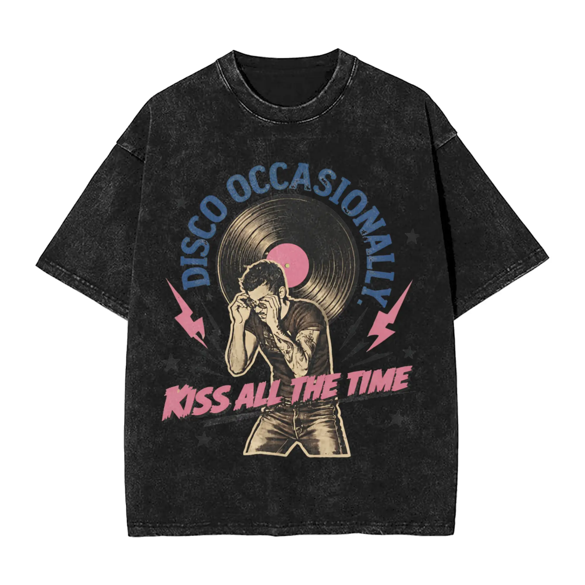 Kiss All The Time Disco Washed T-Shirt Male  Streetwear Casual T Shirts Summer O-Neck Hip Hop Tee Shirt Design Oversize Clothes