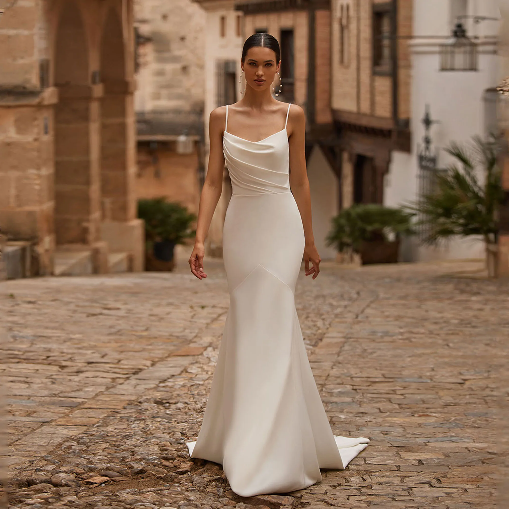 Customized Elegant Long Spaghetti Crepe Wedding Dresses Mermaid Pleated Vestido De Novia Buttons Zipper Back Bridal Gowns 2026