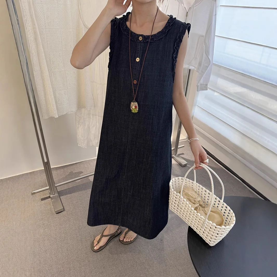 

Lazy Style Retro Blue Three Button Denim Vest Dress for Women, Summer 2025 New Loose Lazy Dress