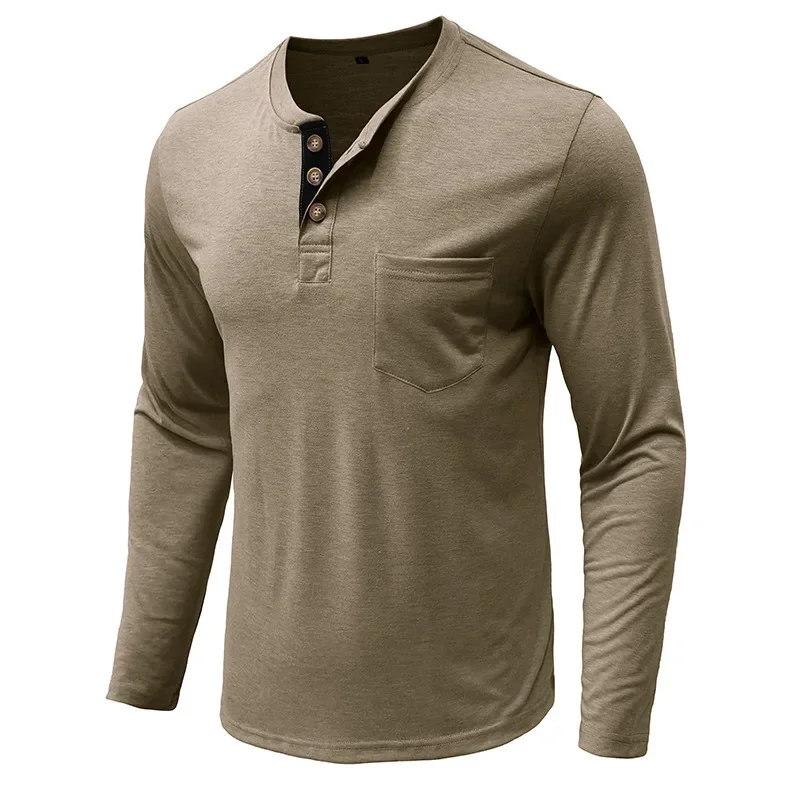 

2025 American European New Fashion Men's Casual Trendy Solid Color Long Sleeve O-neck Button Pullover T-shirts Male Clothes Tops