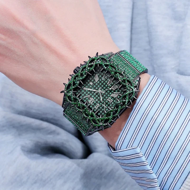 Square Thorns Dial Men Quartz Watch Full Inlaid Crystal Diamond Waterproof New Fashion Bling Male Wrist Clock