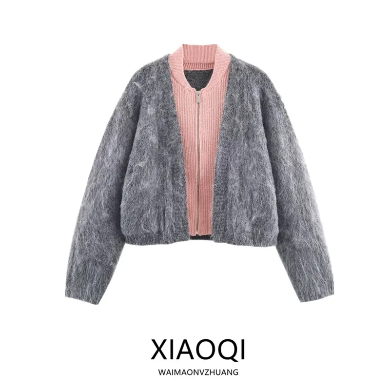 

2025 Winter New Women's Long Sve round Ne Double Knit Effect Jaet ort Outerwear Zipper Closure Other Material 00%