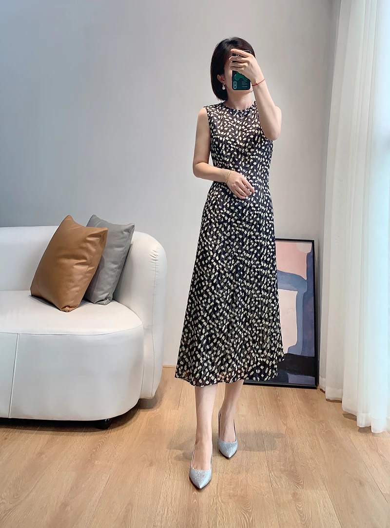 

Faionable A-Line Silk Blend Vest Dr Women's Spring New Square Print Slim Fit round Ne Svel Dr