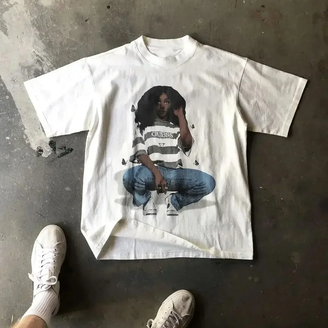 

American Hip-hop Character Pattern Printed T-shirt Casual Fashion T-shirt Harajuku Gothic Retro Tshirts Unisex Top