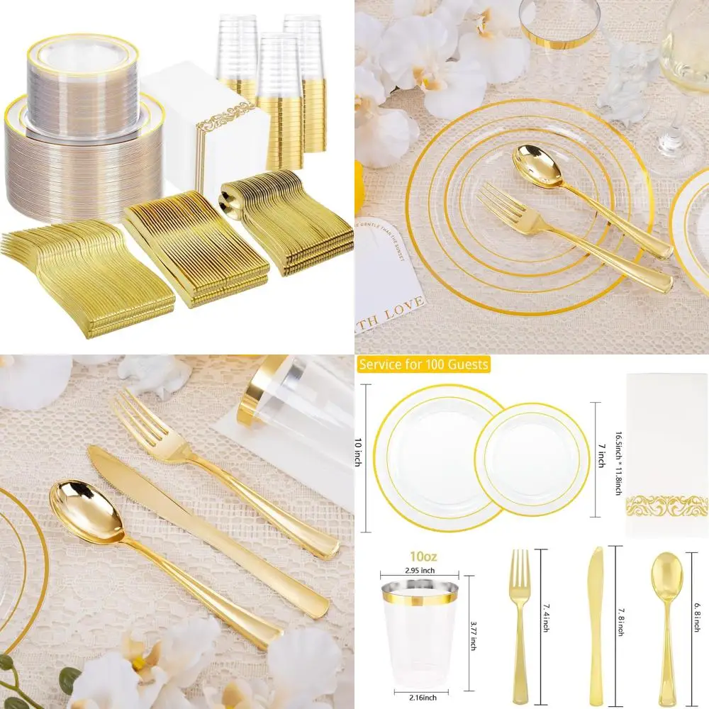 

Gold-Trimmed Disposable Dinnerware Set for 100 Guests: 200 Plates, 100 Cups, Napkins, Cutlery