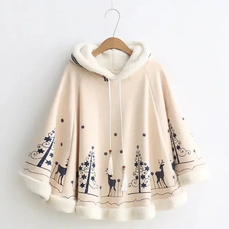 

Lolita Cloak Harajuku Hoodies Cloak Japanese Angry Cat Christmas Deer Fleece Cape Loose Pullover Batwing Sleeve Coat Sweatshirt