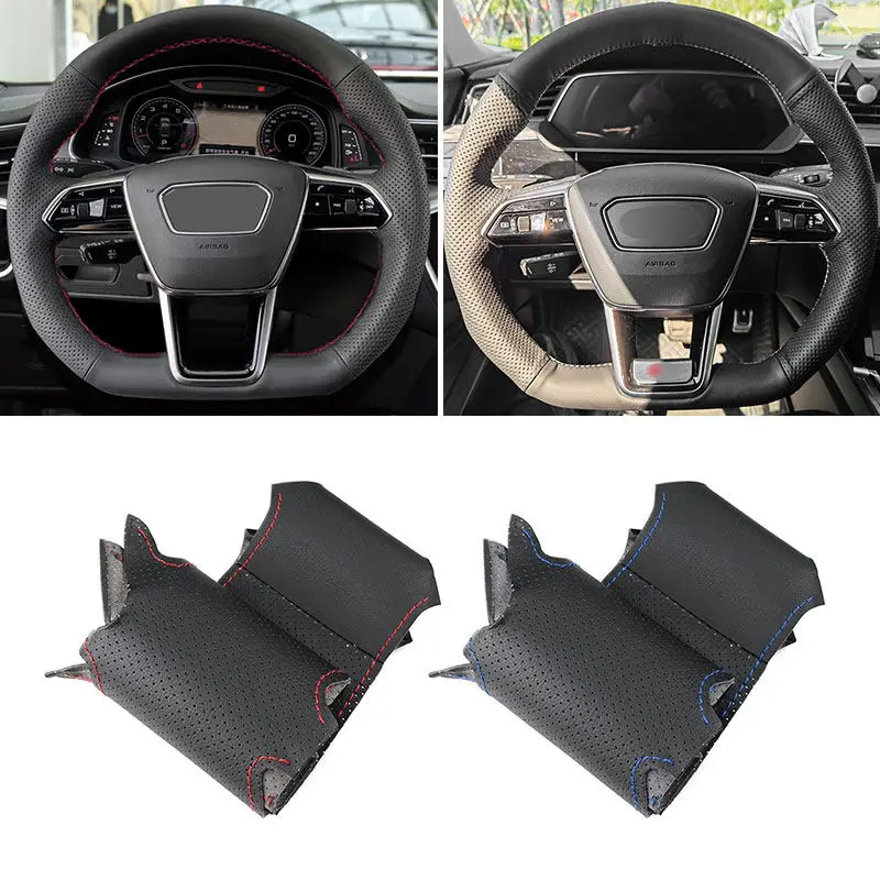 Capa de couro perfurada para volante interno de carro, costurada à mão, guarnição para audi a6 c8/4k s6 a7 4k8 a8 d5/4n s8 e-tron s gt (formato d)