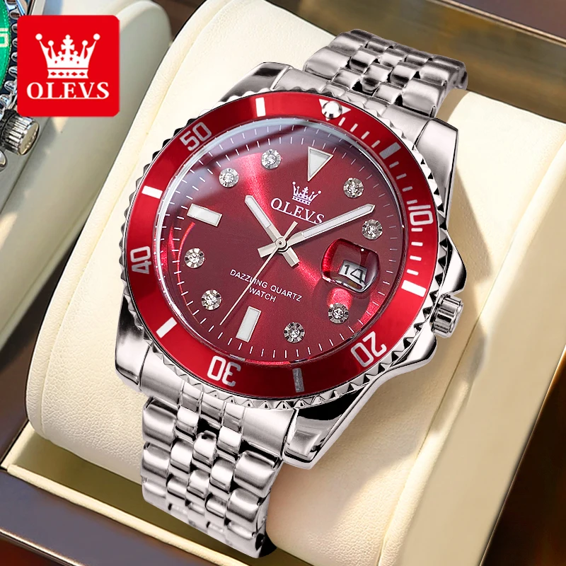 OLEVS 9809 ساعة رجالية موضة توقيت الدورية الحافة الفولاذ المقاوم للصدأ مقاوم للماء مضيئة تاريخ فاخر الأصلي ساعات كوارتز رجالية