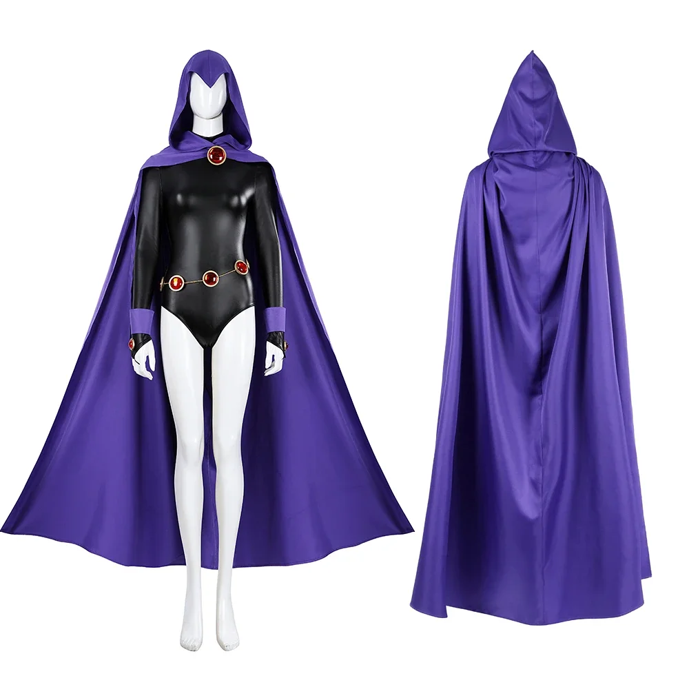 

Teen Titans Raven Cosplay Costume Superhero Raven Deluxe Jumpsuit Cloak Belt Suit Halloween Uniform for Women Girls Hand Made