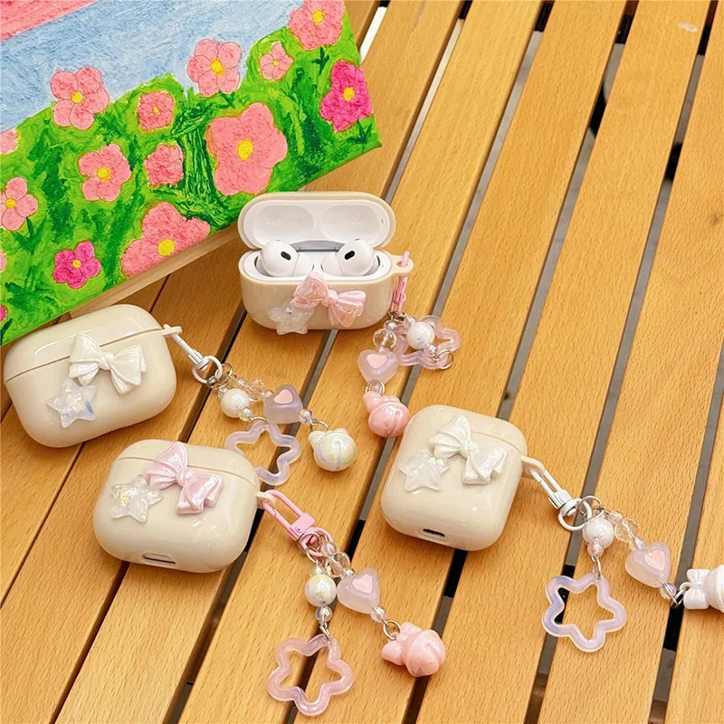 Милый Декор с бантом для Apple AirPods Pro 2, телефонные чехлы для наушников Airpods 1/2/3 Pro, зарядная коробка, бежевый корпус для телефона