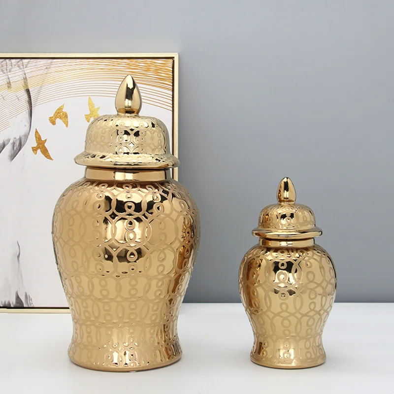 

Ceramic General Jar Golden Pattern Porcelain Ginger Crafts Decorative Ornament Vase with Lid Tea Canister Home Decoration